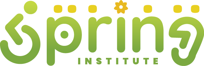 Logo of the Spring Institute. The S is in the form of a wheelchair and the G in the form of an ear, representing physical and sensory disabiltites respectively. The dot on the I is a sunflower to represent invisible disabilitites. There ar dots on top of the letters to represent Braile
