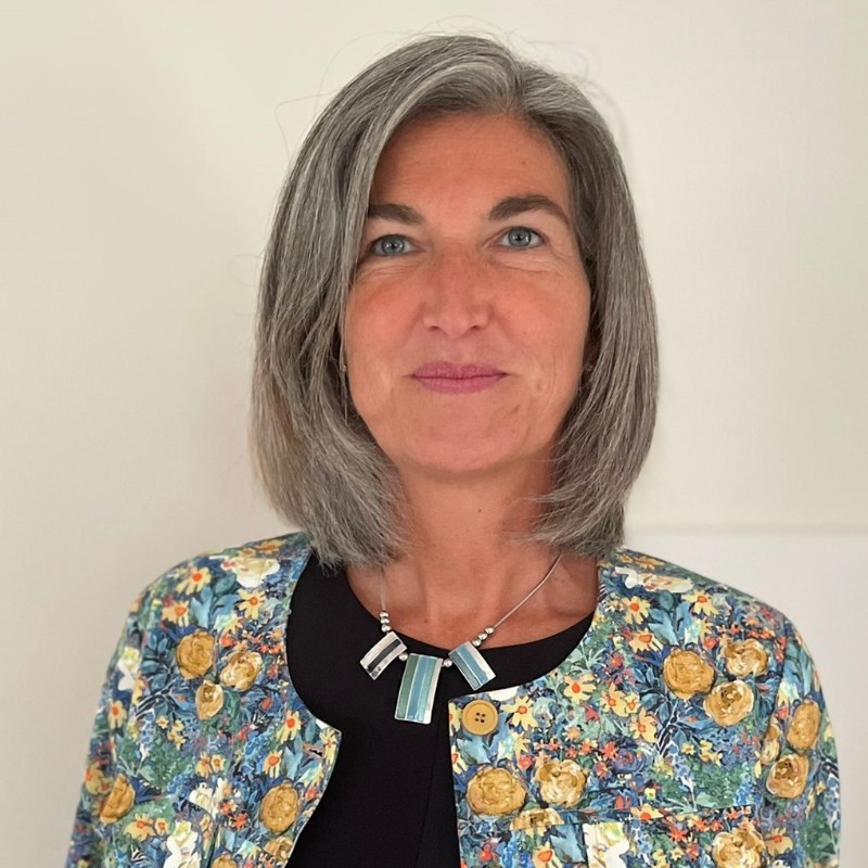 HEADSHOT OF CHRISTEL TESSIER DARGENT. SHE IS A WHITE WOMAN WITH GREY MEDIUM  LONG HAIR AND BLUE EYES. SHE WEARS A METAL AND BLUE NECKLACE, A BLACK BLOUSE AND A FLOWERLY JACKET. THE BACKGROUND IS BEIGE. 